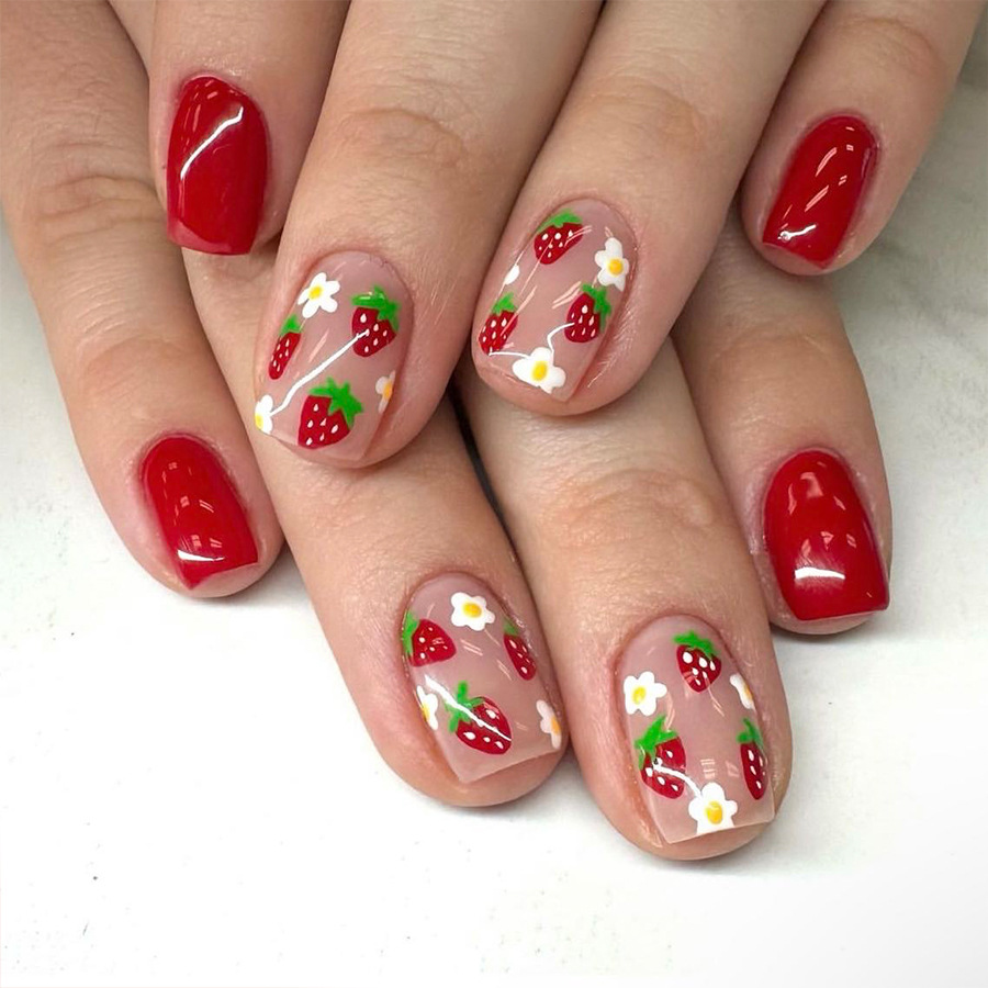 Nail Art Strawberry - 24Pcs Short Square Ballet Press on