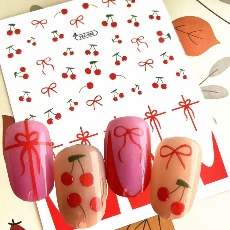 Nail Art Red Cherry - 1 PC Red Bowknot Cherry Design
