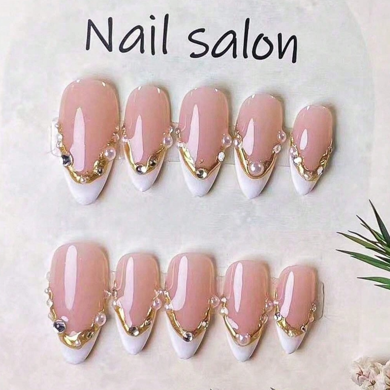 Nail Art French - 10 pieces of handmade almond-shaped fake