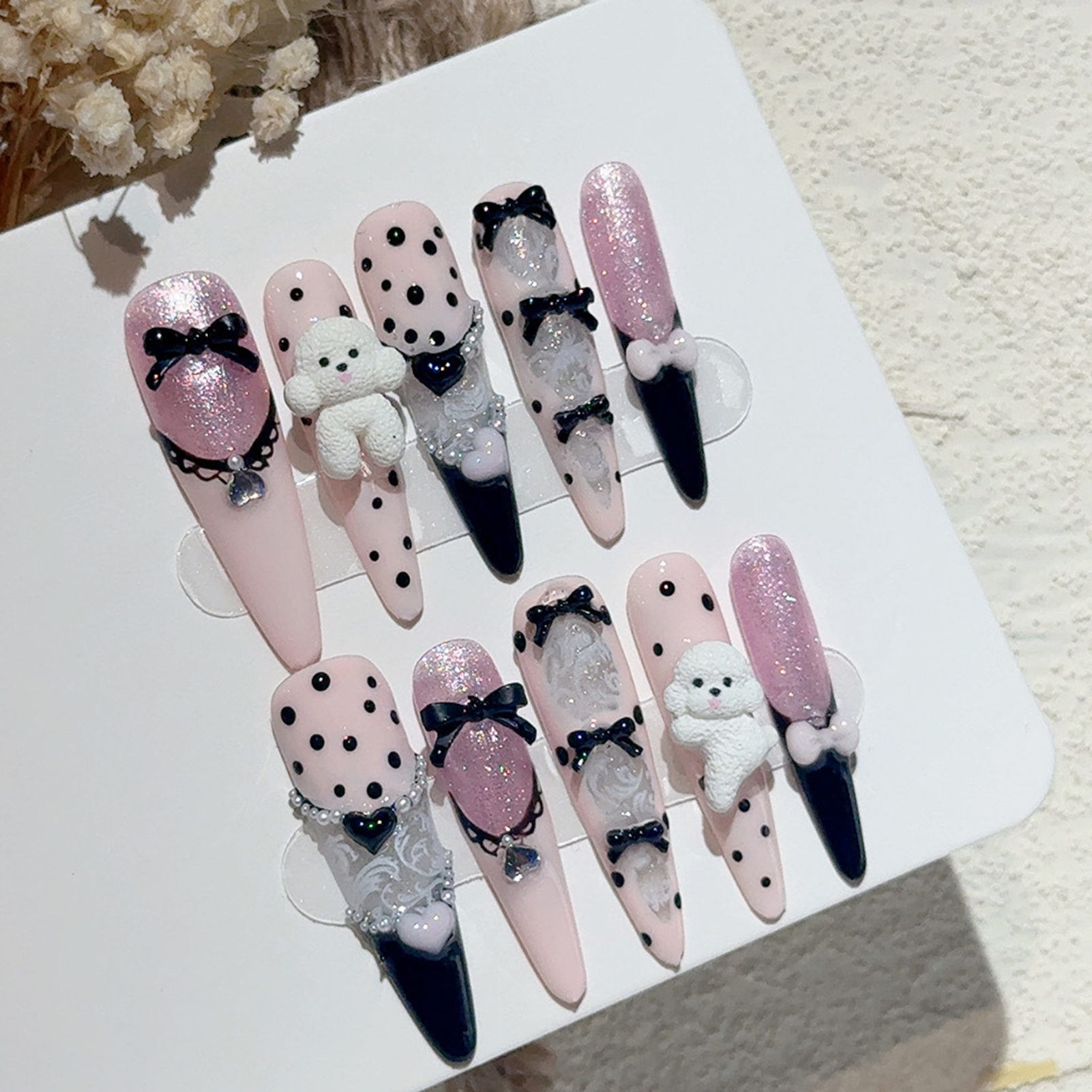 Nail Art French - 10PCS Black Lace Polka Dot Ballet