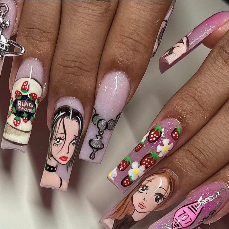 Medium long fake nails for wom - Nail Art Strawberry reseña y precio