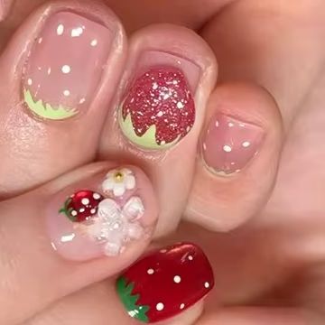 24Pcs Short Square Ballet Pres - Nail Art Strawberry reseña y precio