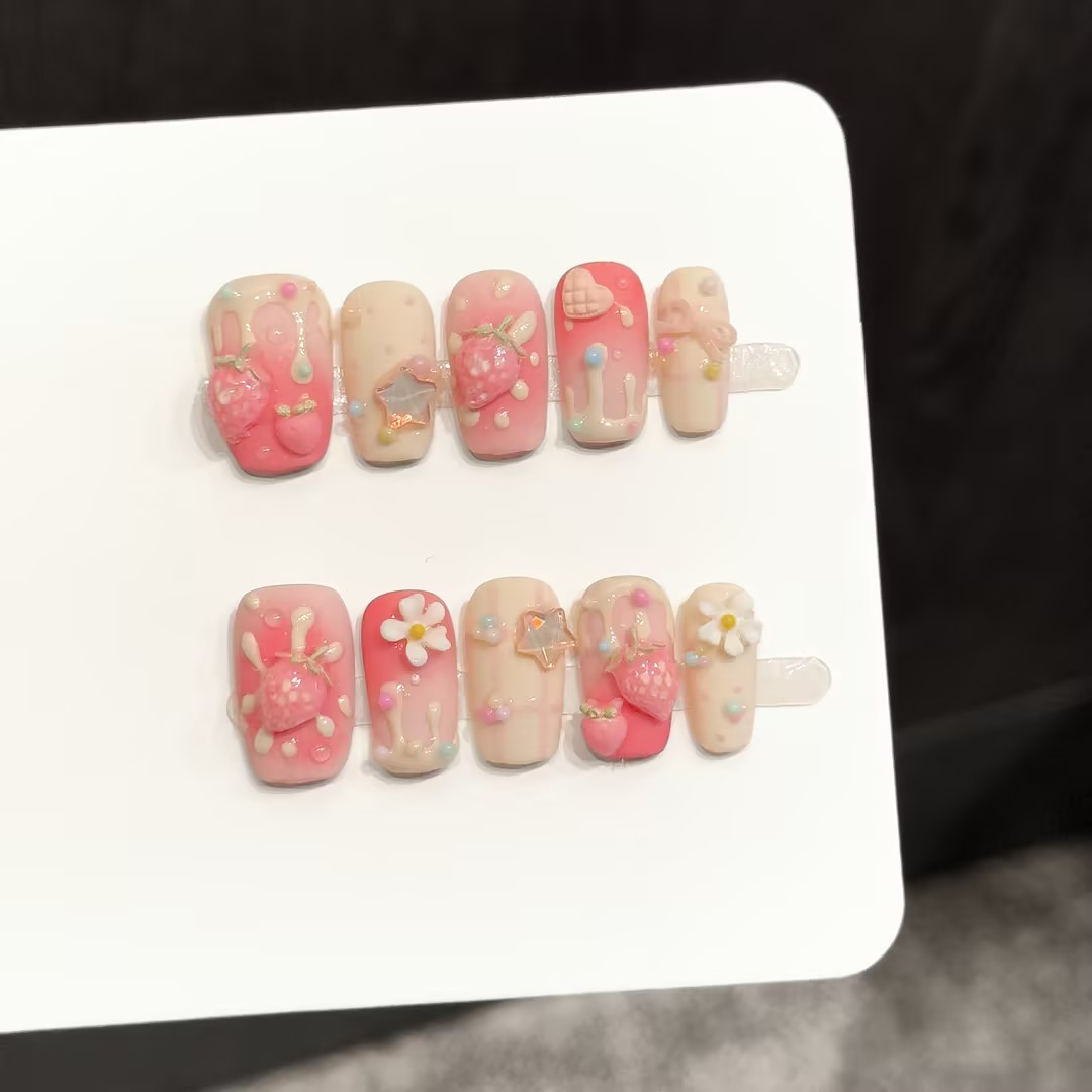 10PCS Square Handmade Press On - Nail Art Strawberry reseña y precio