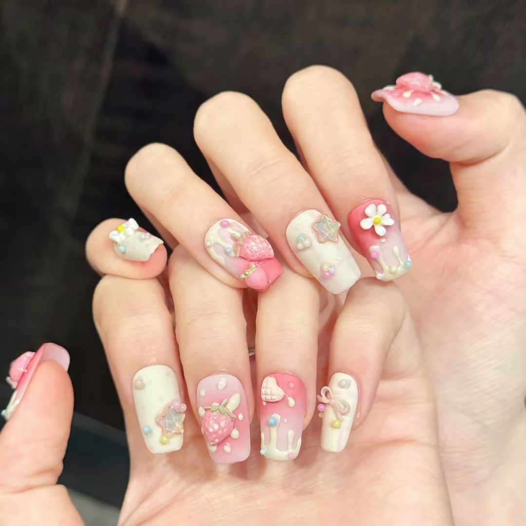 10PCS Square Handmade Press On - Nail Art Strawberry reseña y precio