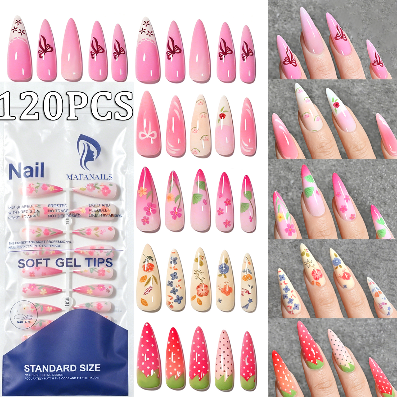 120Pcs Long Almond Press On Na - Nail Art Strawberry reseña y precio