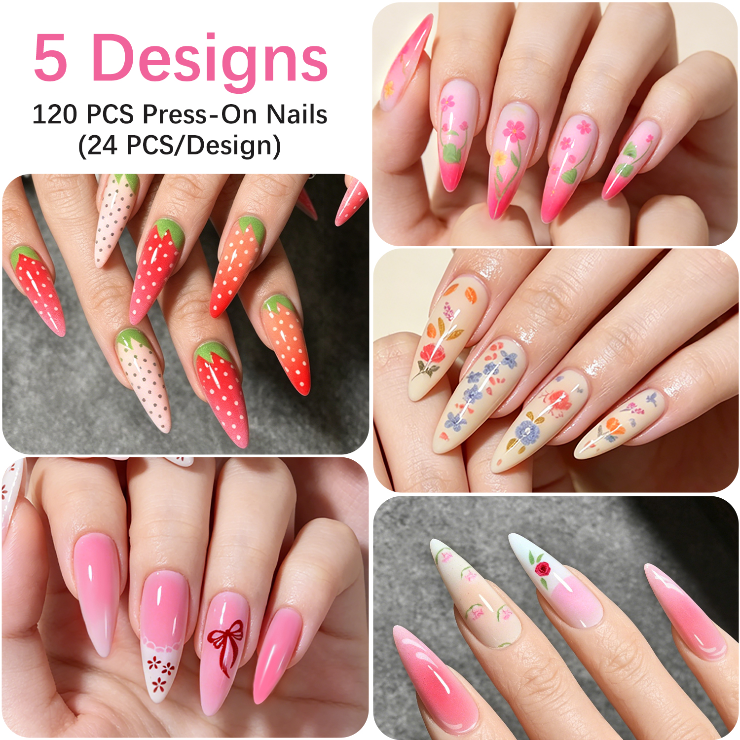 120Pcs Long Almond Press On Na - Nail Art Strawberry reseña y precio