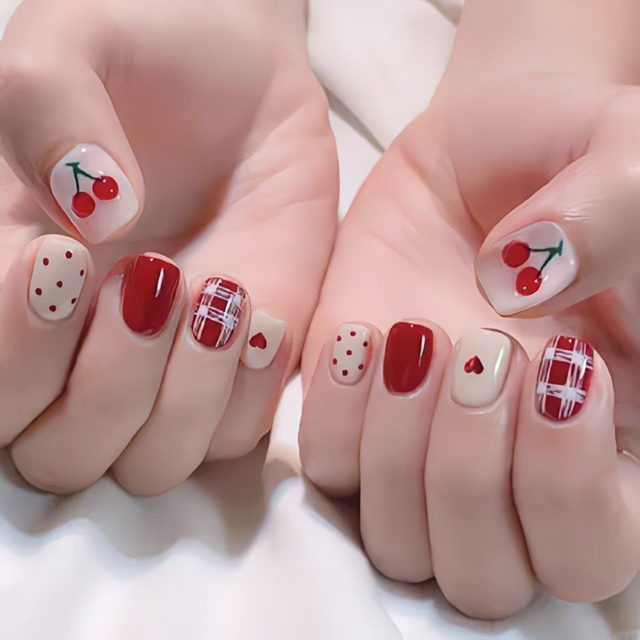 Short Square fake nails for wo - Nail Art Red Cherry reseña y precio