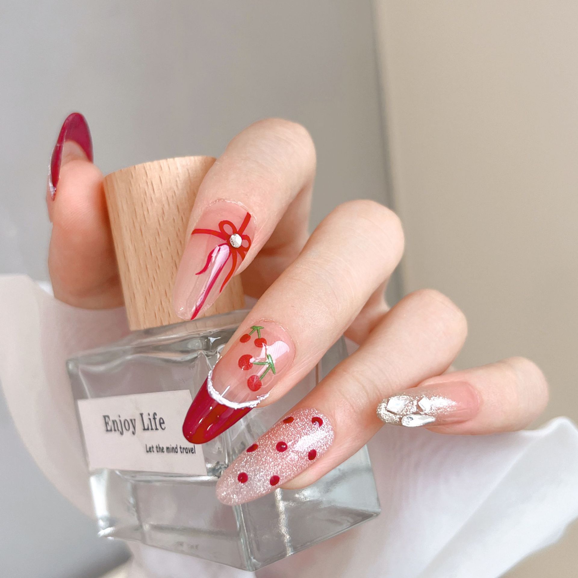 1pcs Kawaii Red Cherry Bow Nai - Nail Art Red Cherry reseña y precio