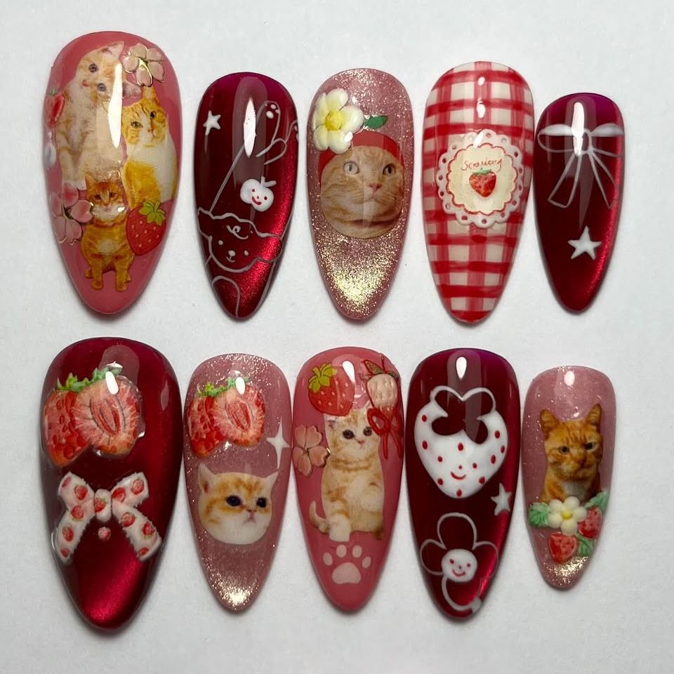 24pcs Strawberry Cat's Eye Pre - Nail Art Strawberry reseña y precio